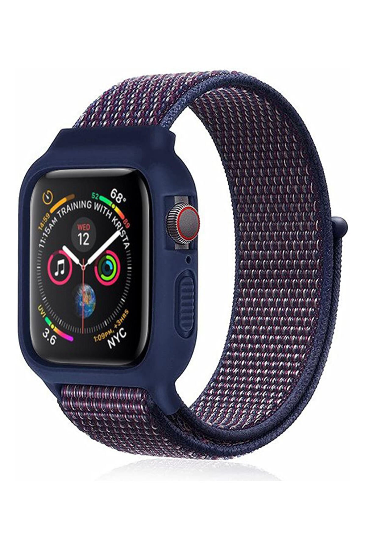Apple Watch 38mm Hasırlı Cırtcırtlı Kasalı Kordon - Lacivert-Mürdüm Apple Watch 38mm Hasırlı Cırtcırtlı Kasalı Kordon - Lacivert-Mürdüm