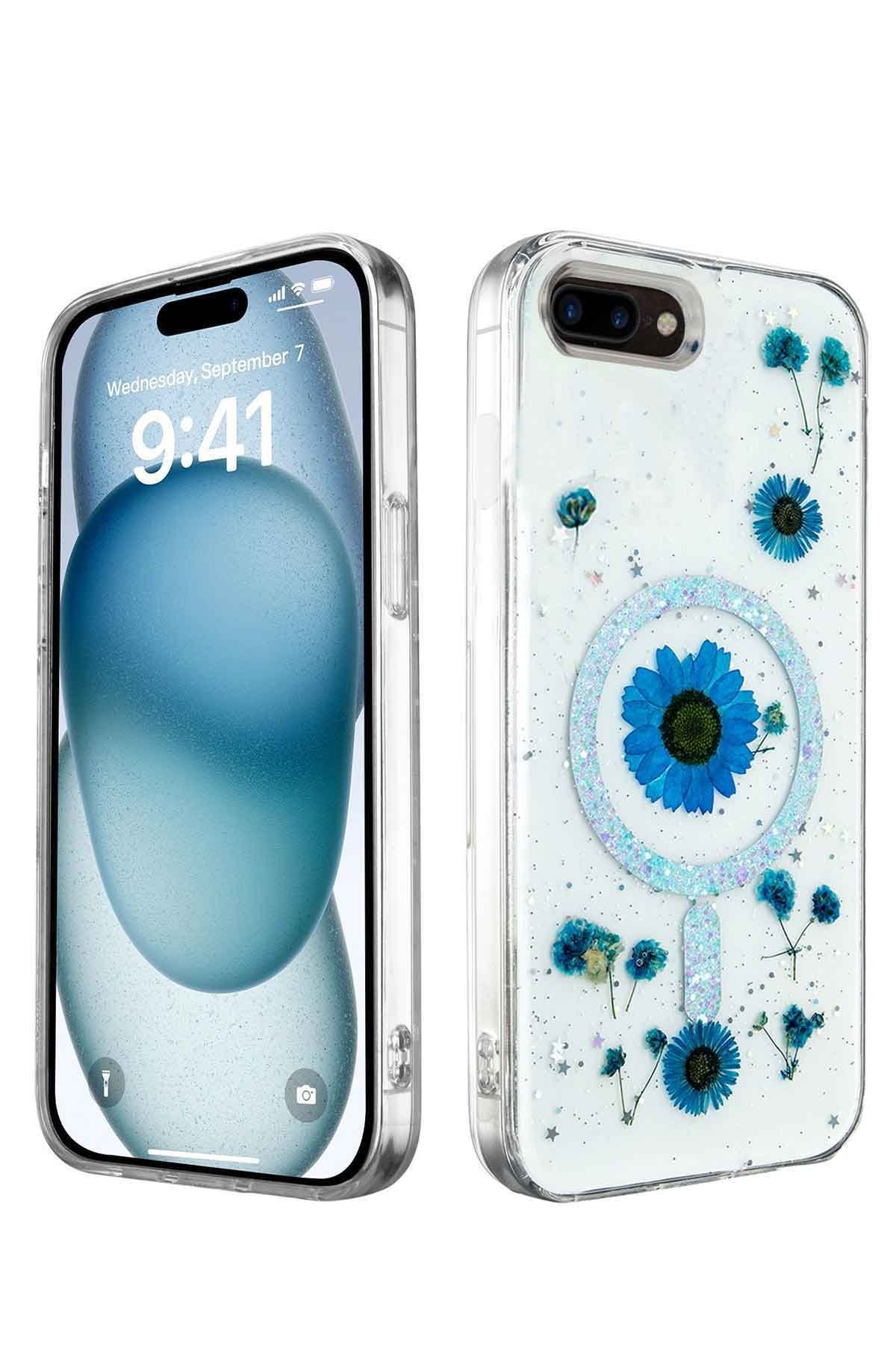  iPhone 8 Kılıf Daisy Simli Magsafe Kapak - Mavi