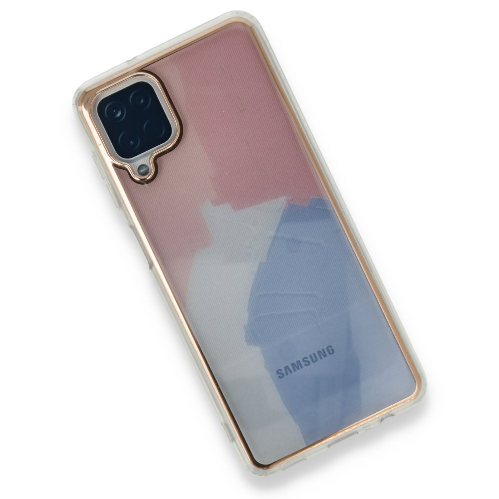  Samsung Galaxy A12 Kılıf Çiçekli Silikon - Pembe-Mavi