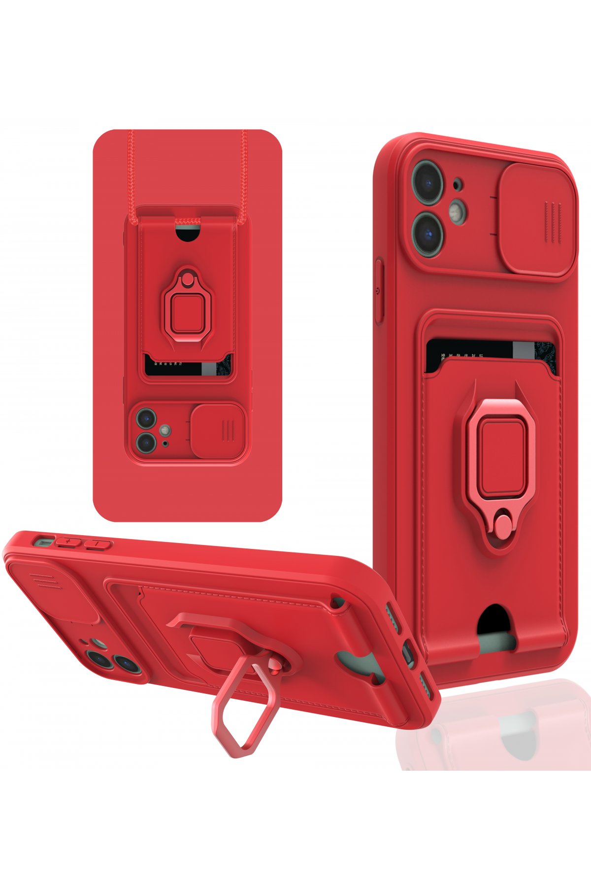  iPhone 12 Kılıf Zuma Kartvizitli Yüzüklü Silikon - Kırmızı