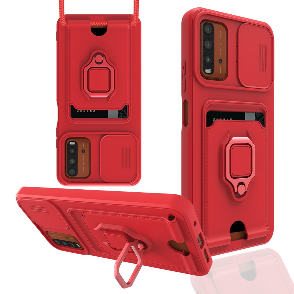 Redmi 9T Kılıf Zuma Kartvizitli Yüzüklü Silikon - Kırmızı