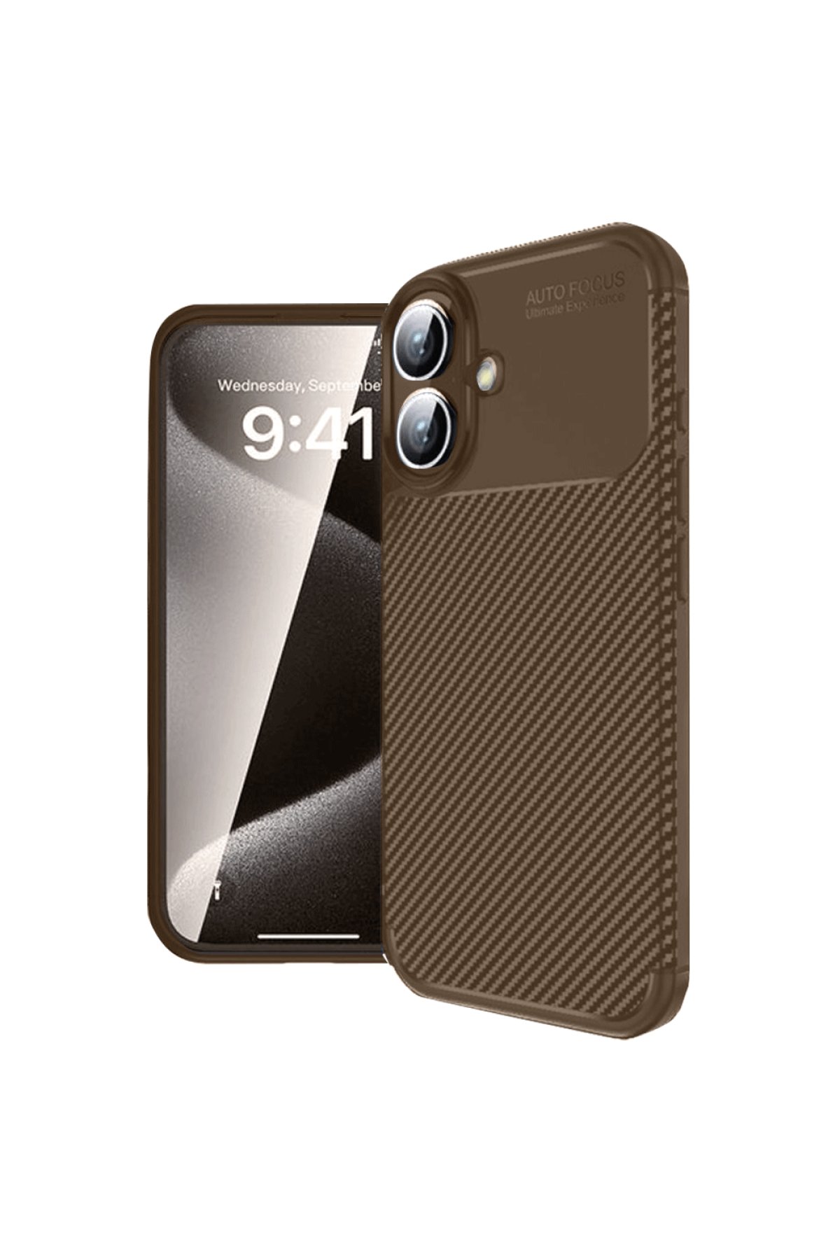 iPhone 16 Kılıf Auto Focus Karbon Kapak - Kahverengi  iPhone 16 Kılıf Auto Focus Karbon Kapak - Kahverengi