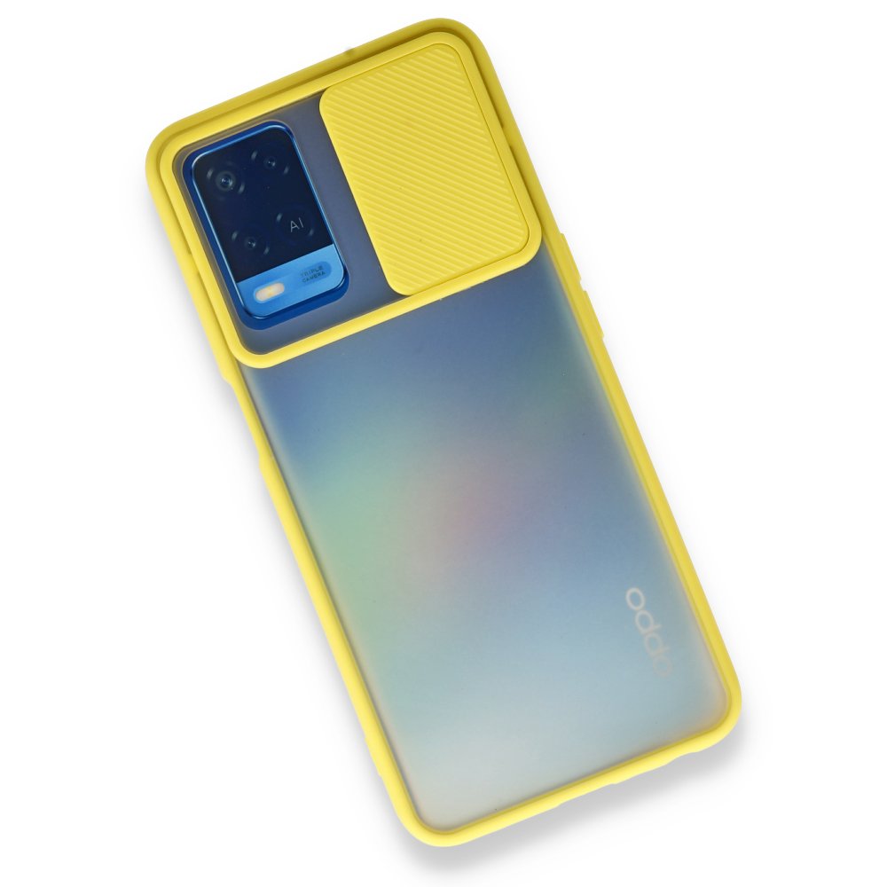 Oppo A54 4G Kılıf Palm Buzlu Kamera Sürgülü Silikon - Sarı Oppo A54 4G Kılıf Palm Buzlu Kamera Sürgülü Silikon - Sarı