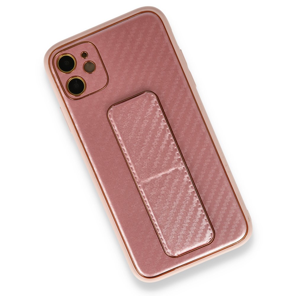  iPhone 12 Kılıf Coco Karbon Standlı Kapak - Pembe