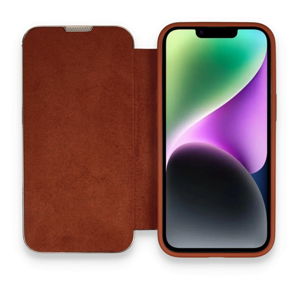  iPhone 14 Kılıf Dolpin Kapaklı - Kahverengi