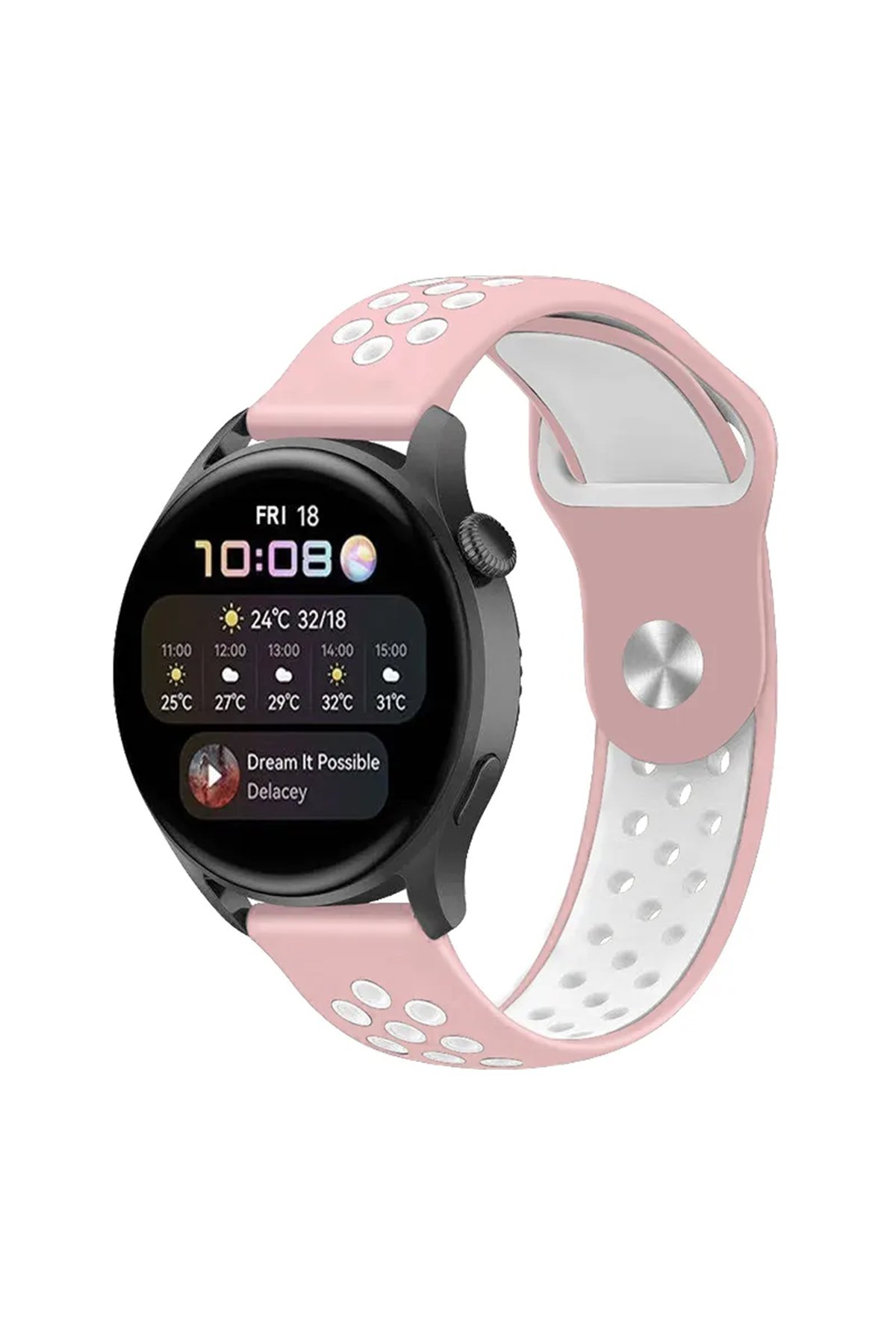 Watch 22mm Spor Delikli Kordon - Pembe-Beyaz Watch 22mm Spor Delikli Kordon - Pembe-Beyaz