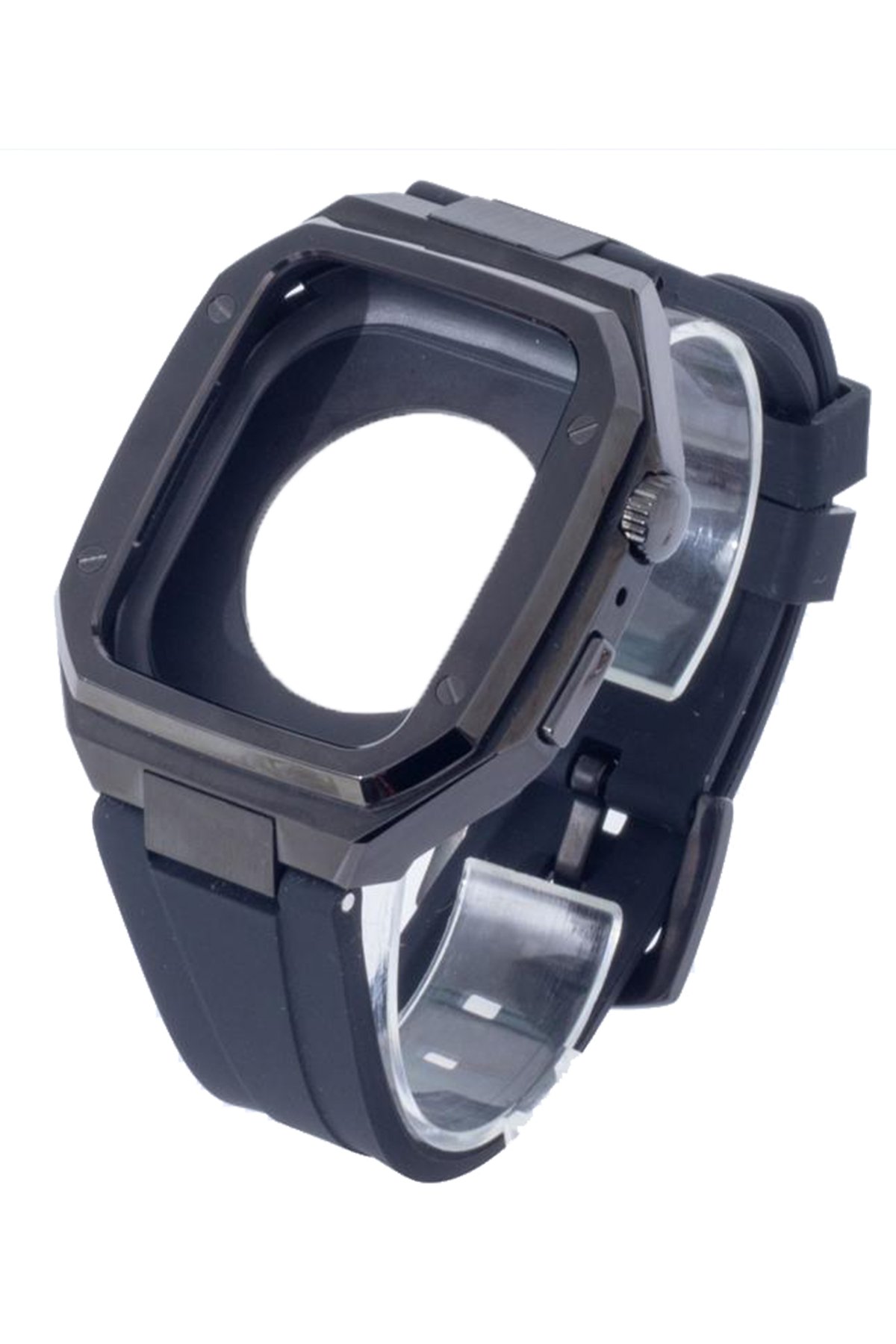 Apple Watch 45mm KR402 Metal Kasa Silikon Kordon - Siyah Apple Watch 45mm KR402 Metal Kasa Silikon Kordon - Siyah