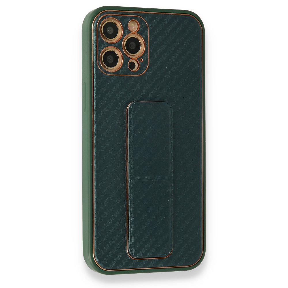  iPhone 12 Pro Max Kılıf Coco Karbon Standlı Kapak - Yeşil
