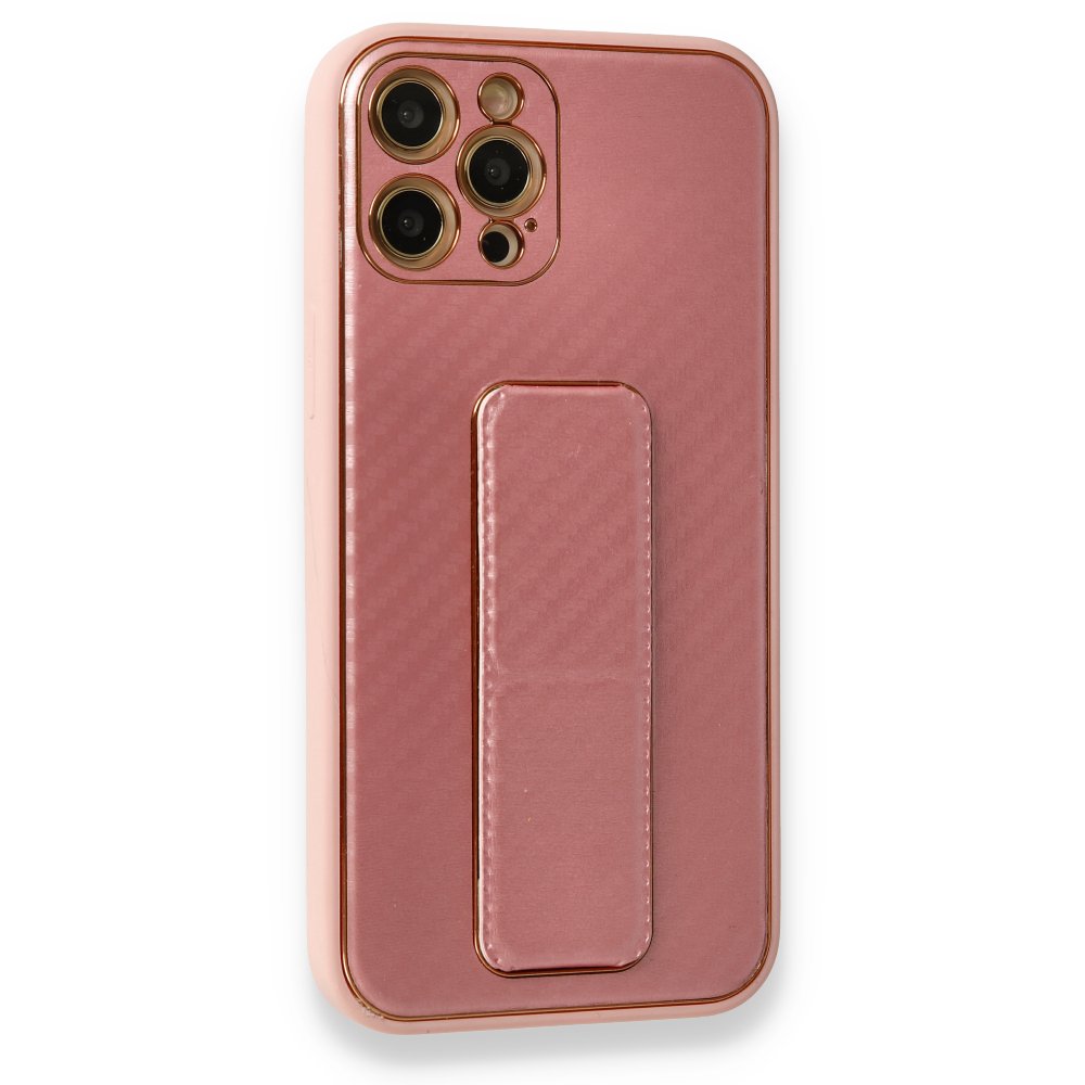  iPhone 12 Pro Max Kılıf Coco Karbon Standlı Kapak - Pembe