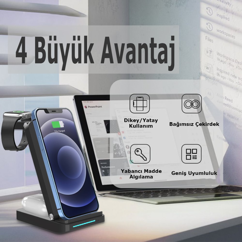  S90 4in1 Kablosuz Şarj Masaüstü Set - Siyah