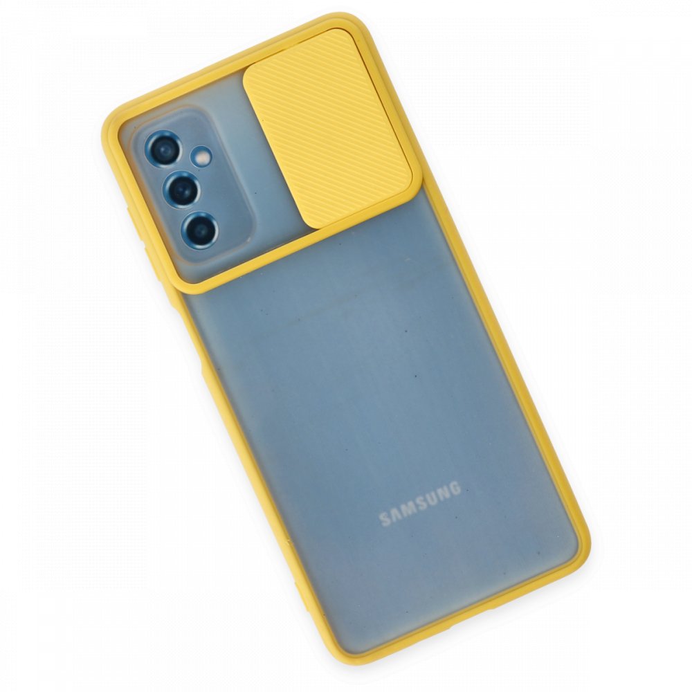  Samsung Galaxy M52 5G Kılıf Palm Buzlu Kamera Sürgülü Silikon - Sarı