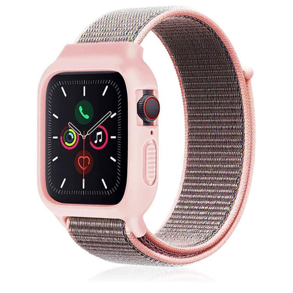  Apple Watch 38mm Hasırlı Cırtcırtlı Kasalı Kordon - Pembe