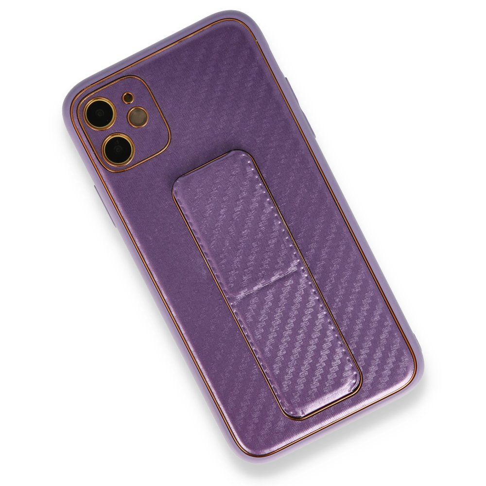  iPhone 12 Kılıf Coco Karbon Standlı Kapak - Mor