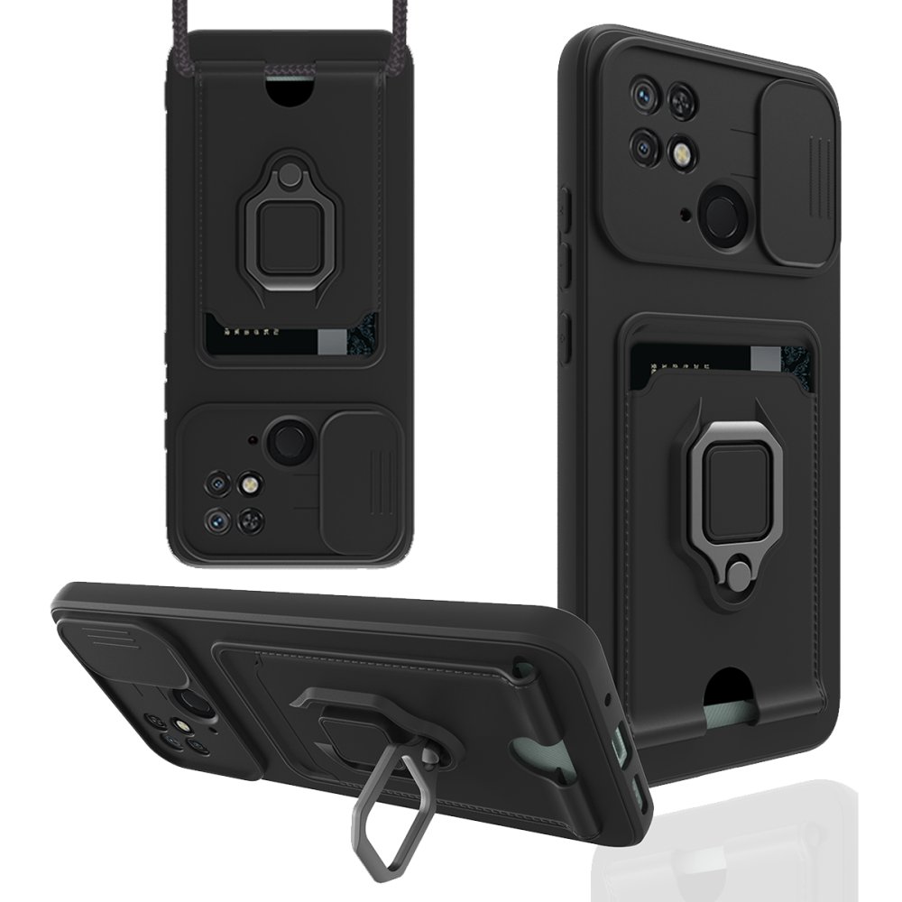 Redmi 10C Kılıf Zuma Kartvizitli Yüzüklü Silikon - Siyah