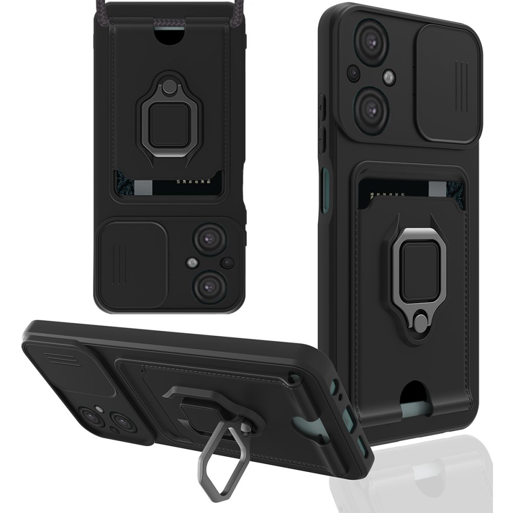  Xiaomi Poco M5 Kılıf Zuma Kartvizitli Yüzüklü Silikon - Siyah