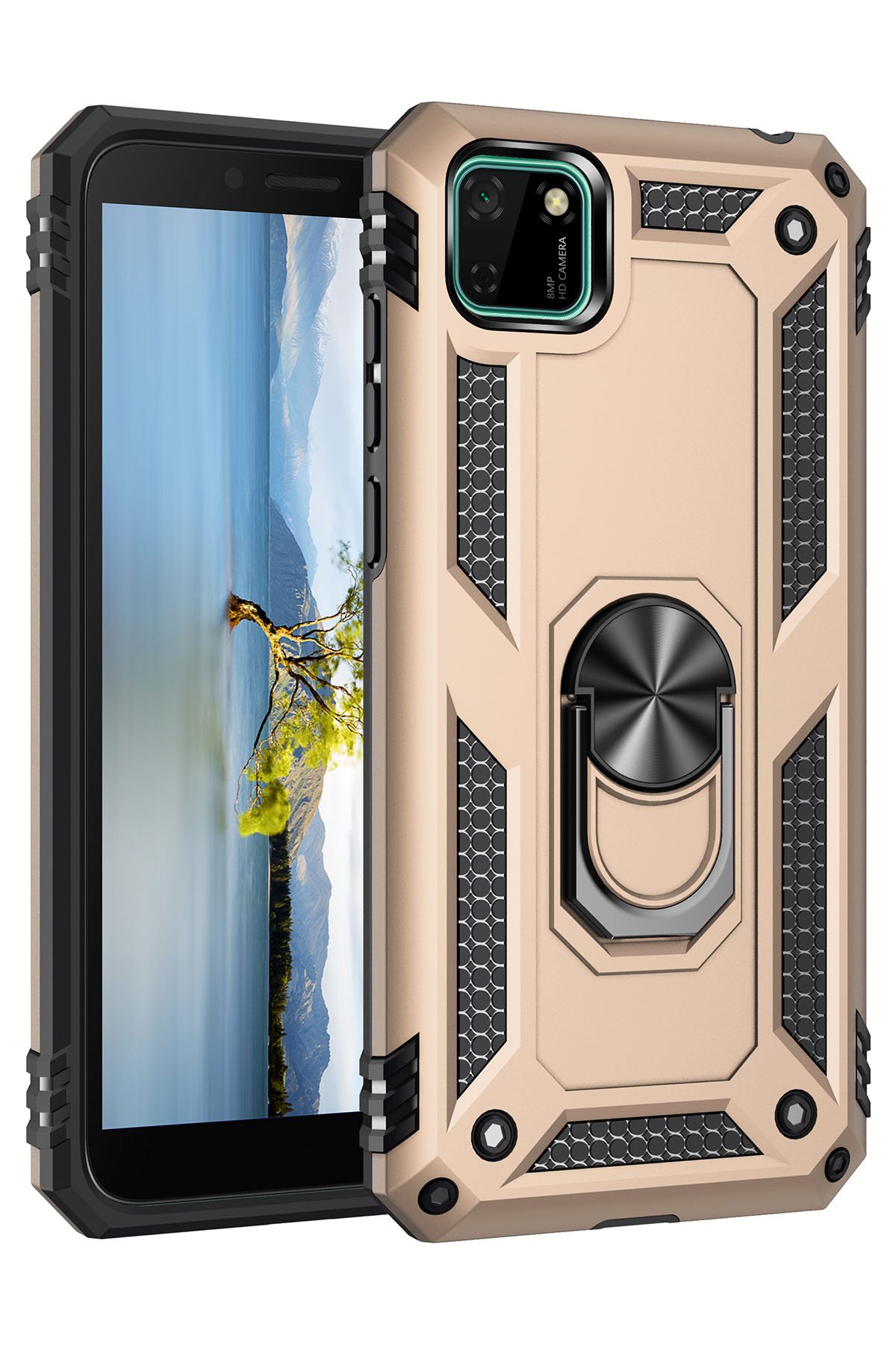  Huawei Y5P Kılıf Sofya Yüzüklü Silikon Kapak - Gold