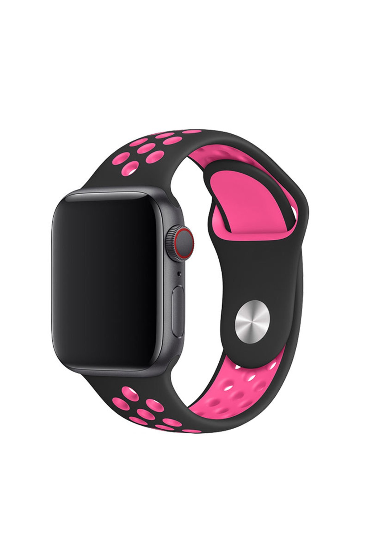  Apple Watch 38mm Spor Delikli Kordon - Siyah-Koyu Pembe