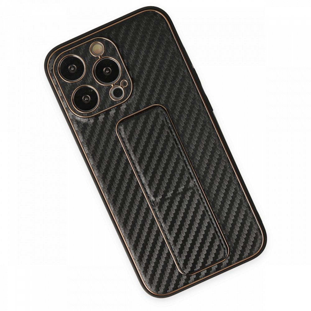 iPhone 13 Pro Max Kılıf Coco Karbon Standlı Kapak - Siyah  iPhone 13 Pro Max Kılıf Coco Karbon Standlı Kapak - Siyah