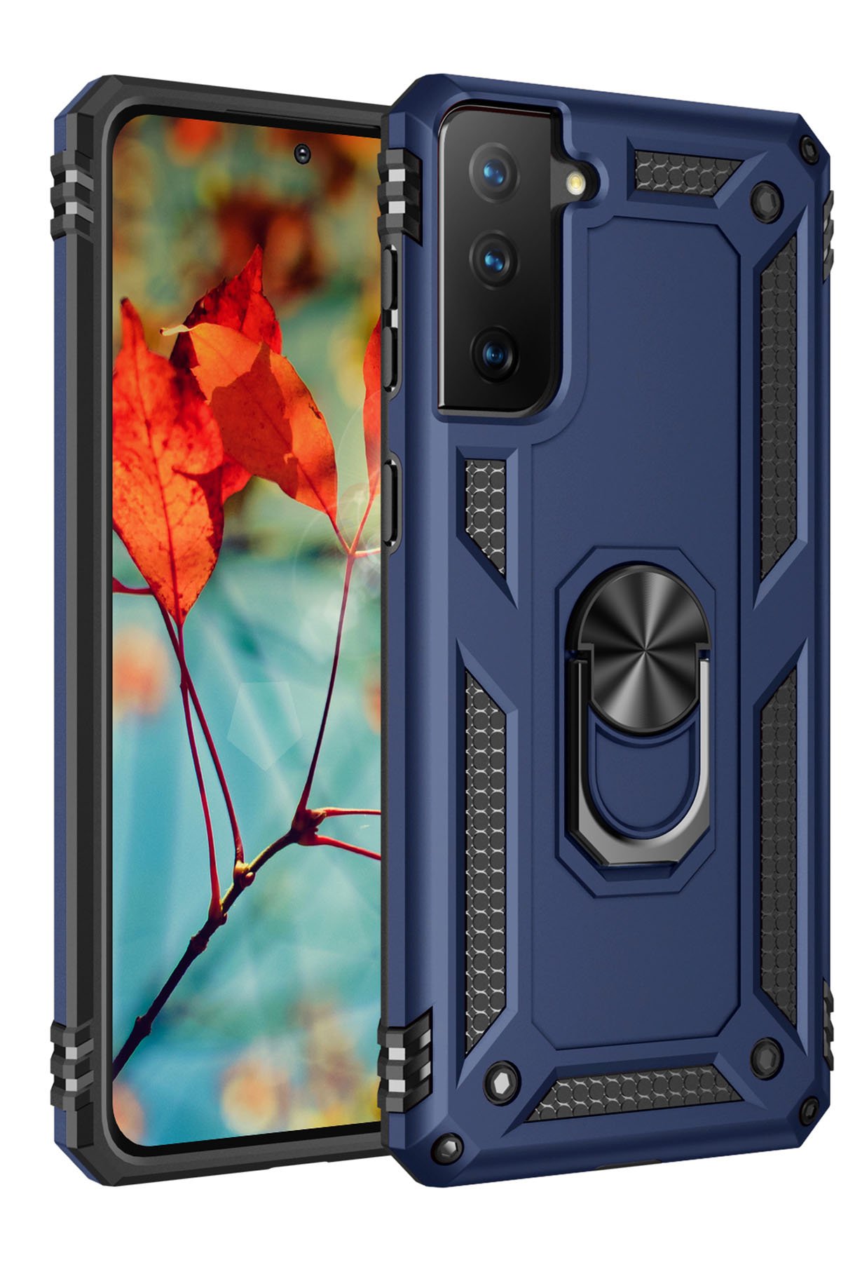  Samsung Galaxy S21 Kılıf Sofya Yüzüklü Silikon Kapak - Lacivert