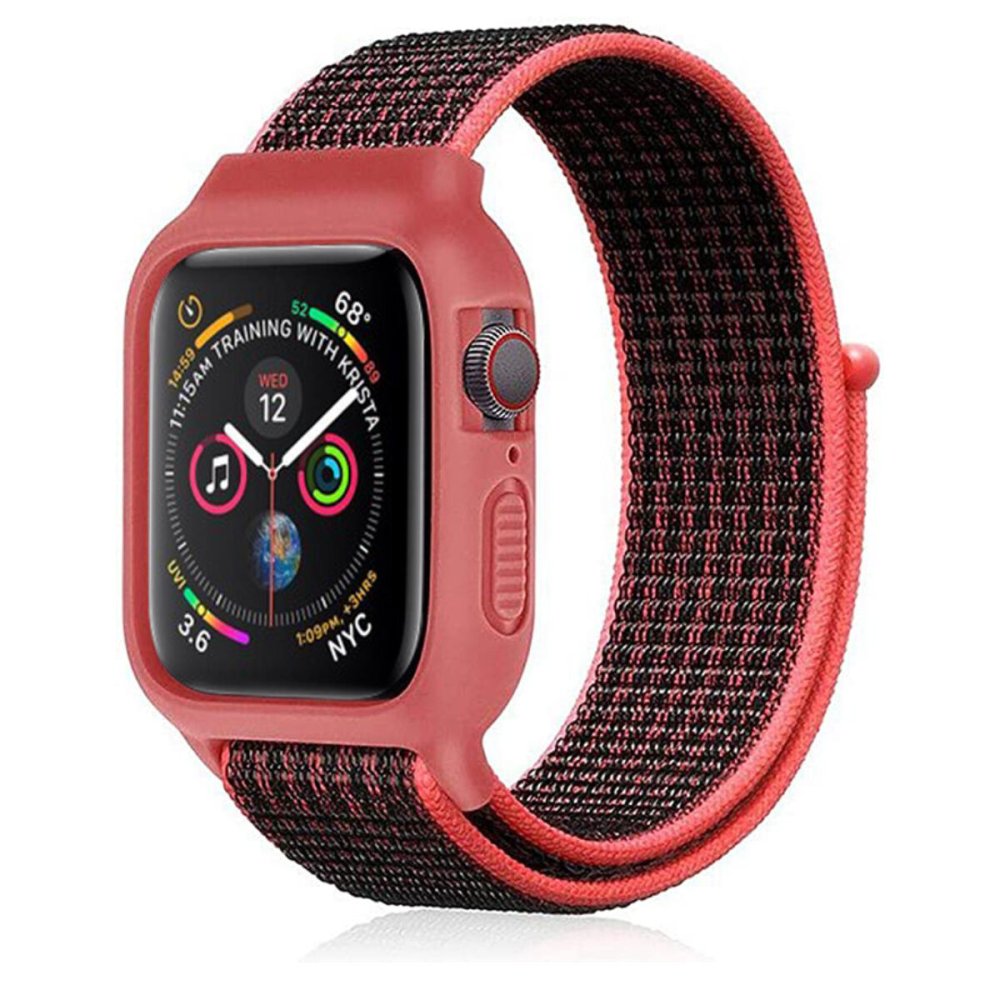  Apple Watch 41mm Hasırlı Cırtcırtlı Kasalı Kordon - Siyah-Pembe