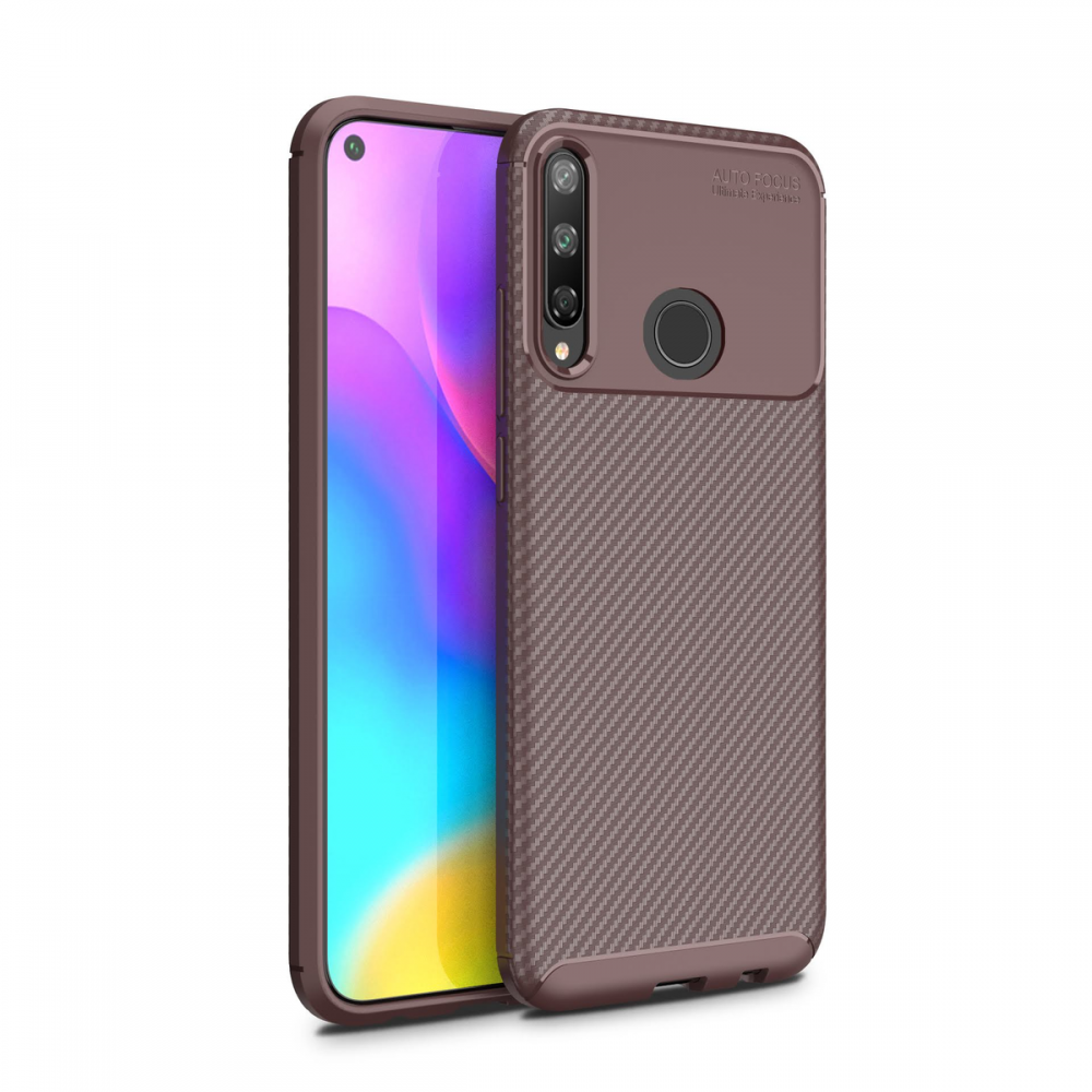 Huawei P40 Lite E Kılıf Auto Focus Karbon Kapak - Kahverengi  Huawei P40 Lite E Kılıf Auto Focus Karbon Kapak - Kahverengi