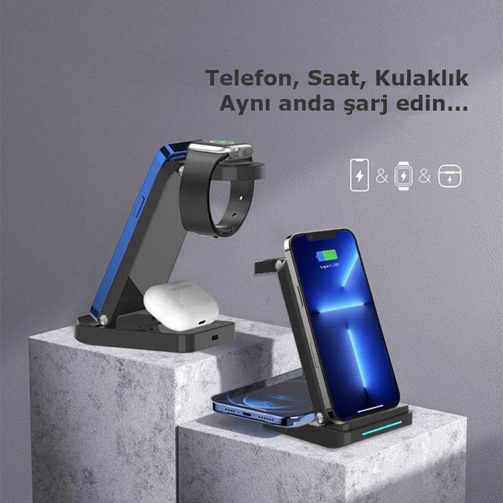  S90 4in1 Kablosuz Şarj Masaüstü Set - Siyah
