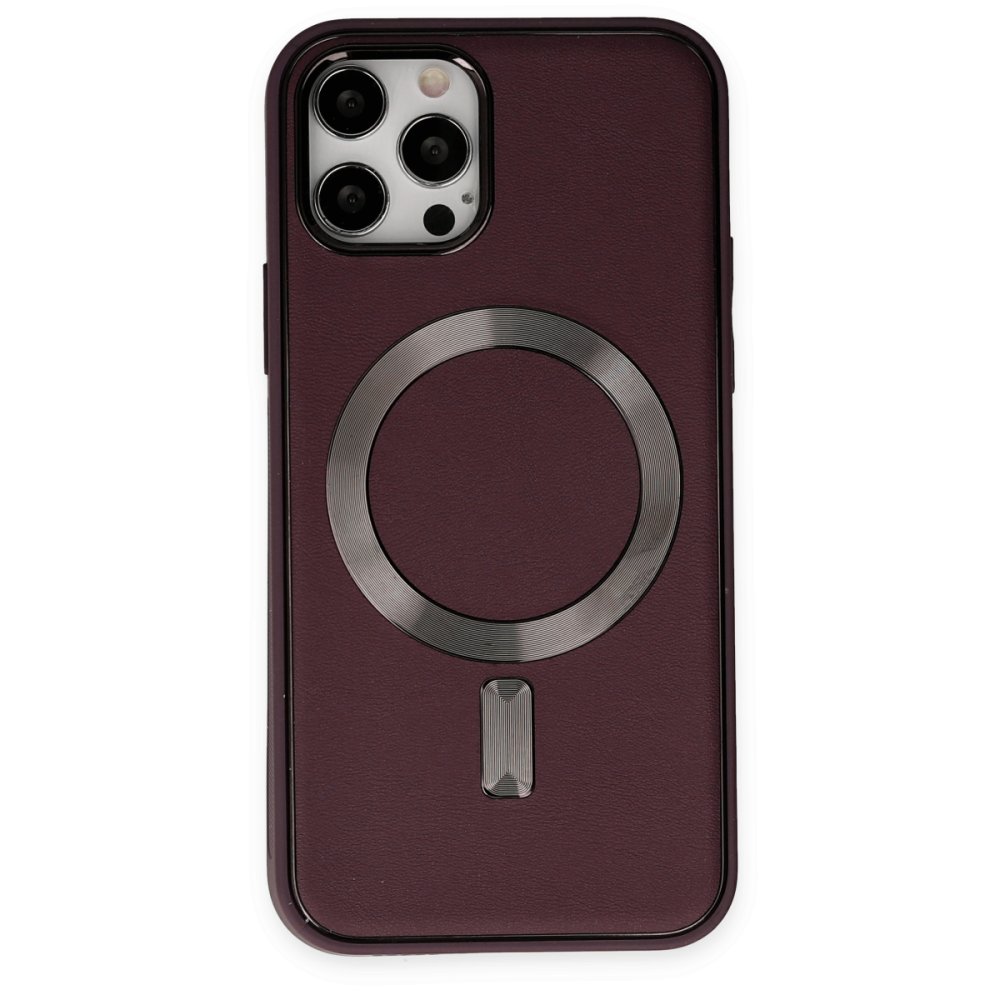  iPhone 12 Pro Max Kılıf Coco Deri Magneticsafe Silikon - Bordo