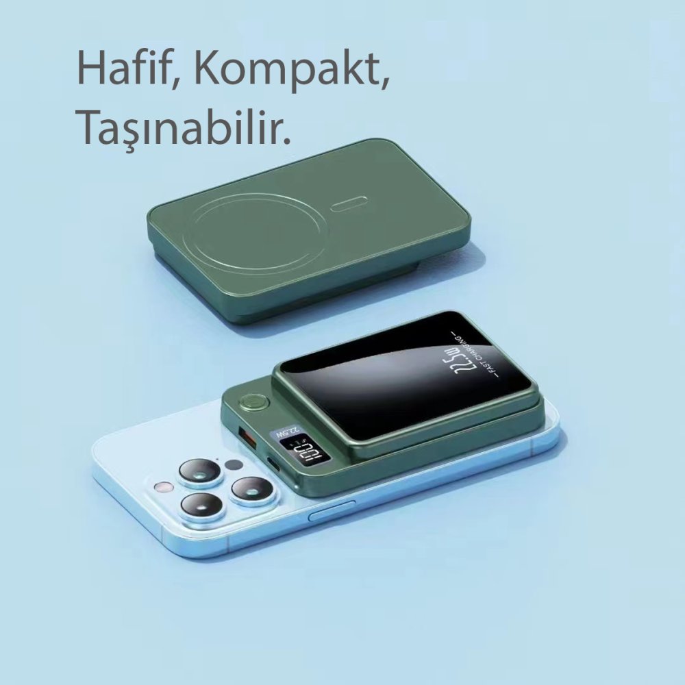  MAG103 10.000 mAh PD 22.5 Watt Magneticsafe Powerbank - Yeşil