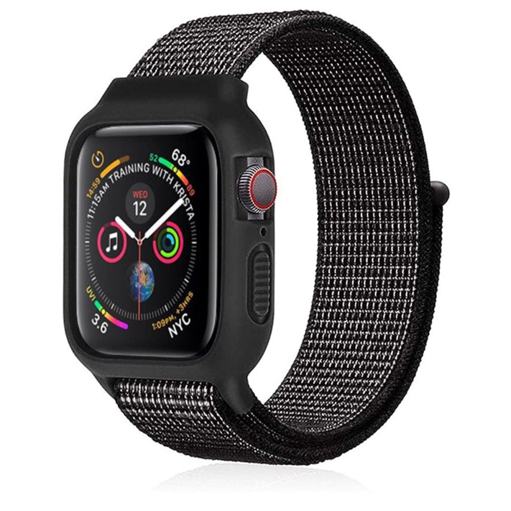 Apple Watch 38mm Hasırlı Cırtcırtlı Kasalı Kordon - Benekli Siyah