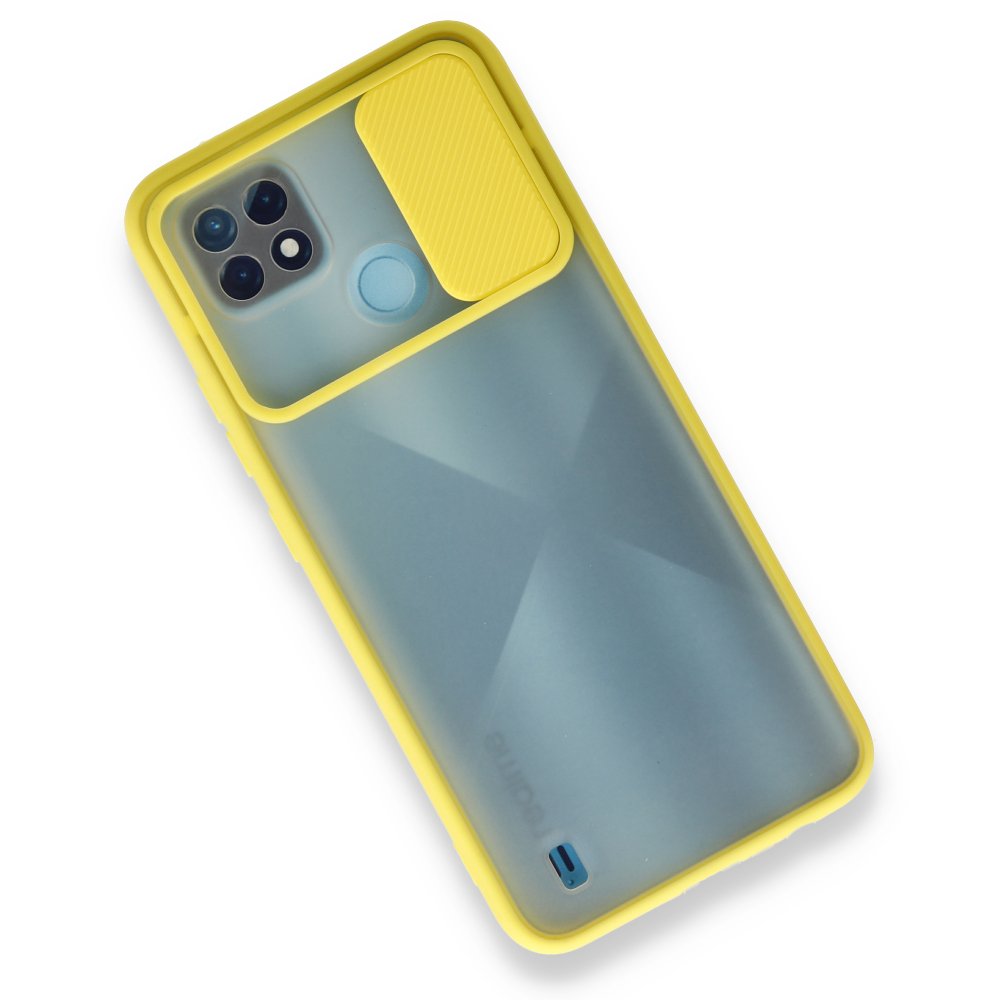 Realme C21 Kılıf Palm Buzlu Kamera Sürgülü Silikon - Sarı  Realme C21 Kılıf Palm Buzlu Kamera Sürgülü Silikon - Sarı