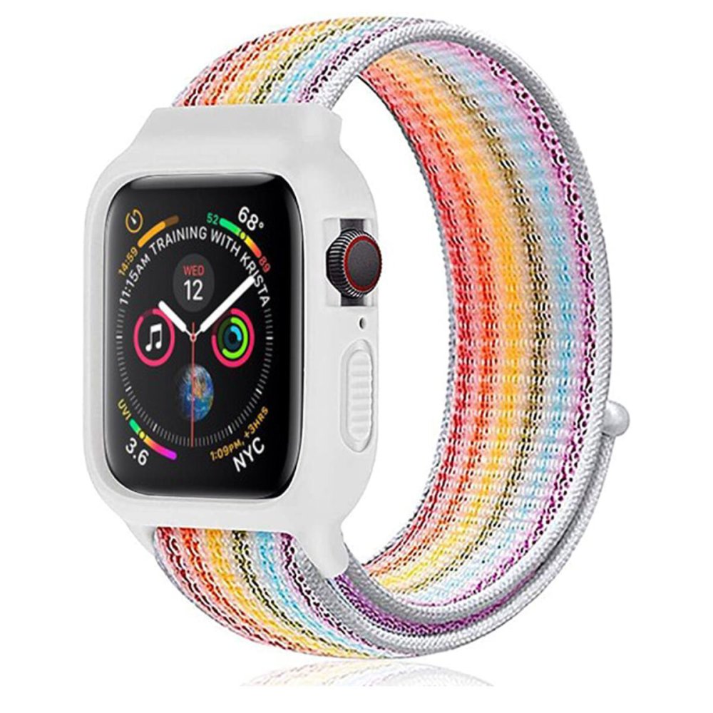  Apple Watch 42mm Hasırlı Cırtcırtlı Kasalı Kordon - Gökkuşağı 1