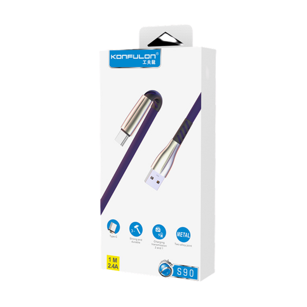 Konfulon S90 Metal Uçlu Type-C Kablo 1M 2.4A - Siyah Konfulon S90 Metal Uçlu Type-C Kablo 1M 2.4A - Siyah