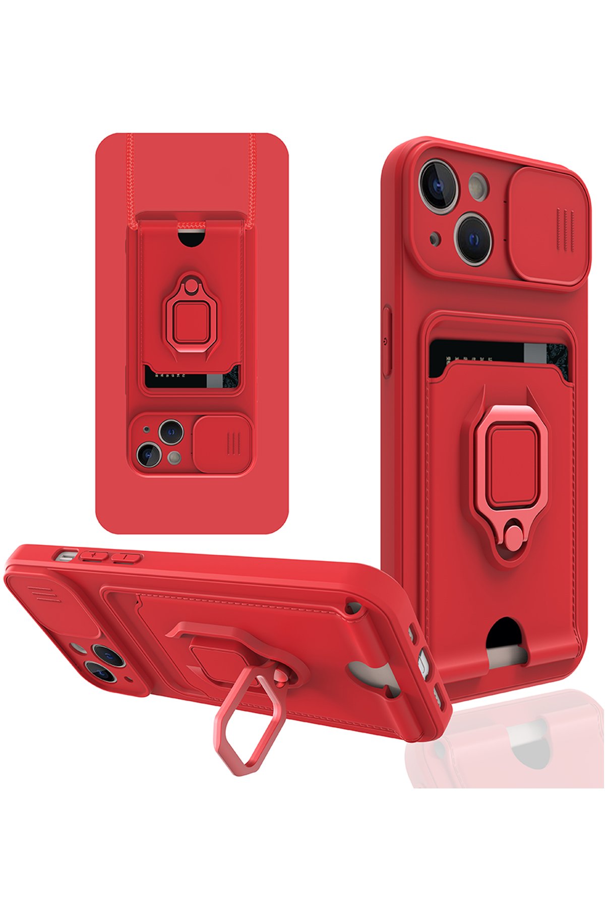  iPhone 14 Kılıf Zuma Kartvizitli Yüzüklü Silikon - Kırmızı