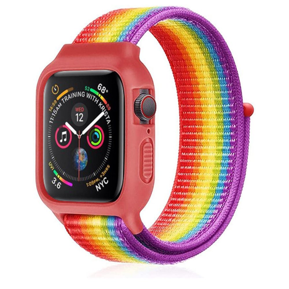  Apple Watch 42mm Hasırlı Cırtcırtlı Kasalı Kordon - Gökkuşağı