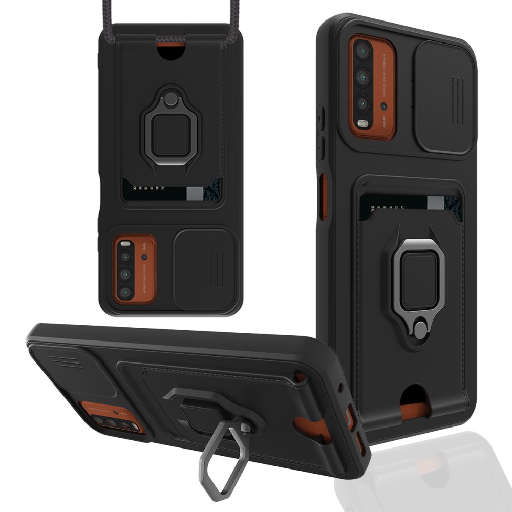 Redmi 9T Kılıf Zuma Kartvizitli Yüzüklü Silikon - Siyah