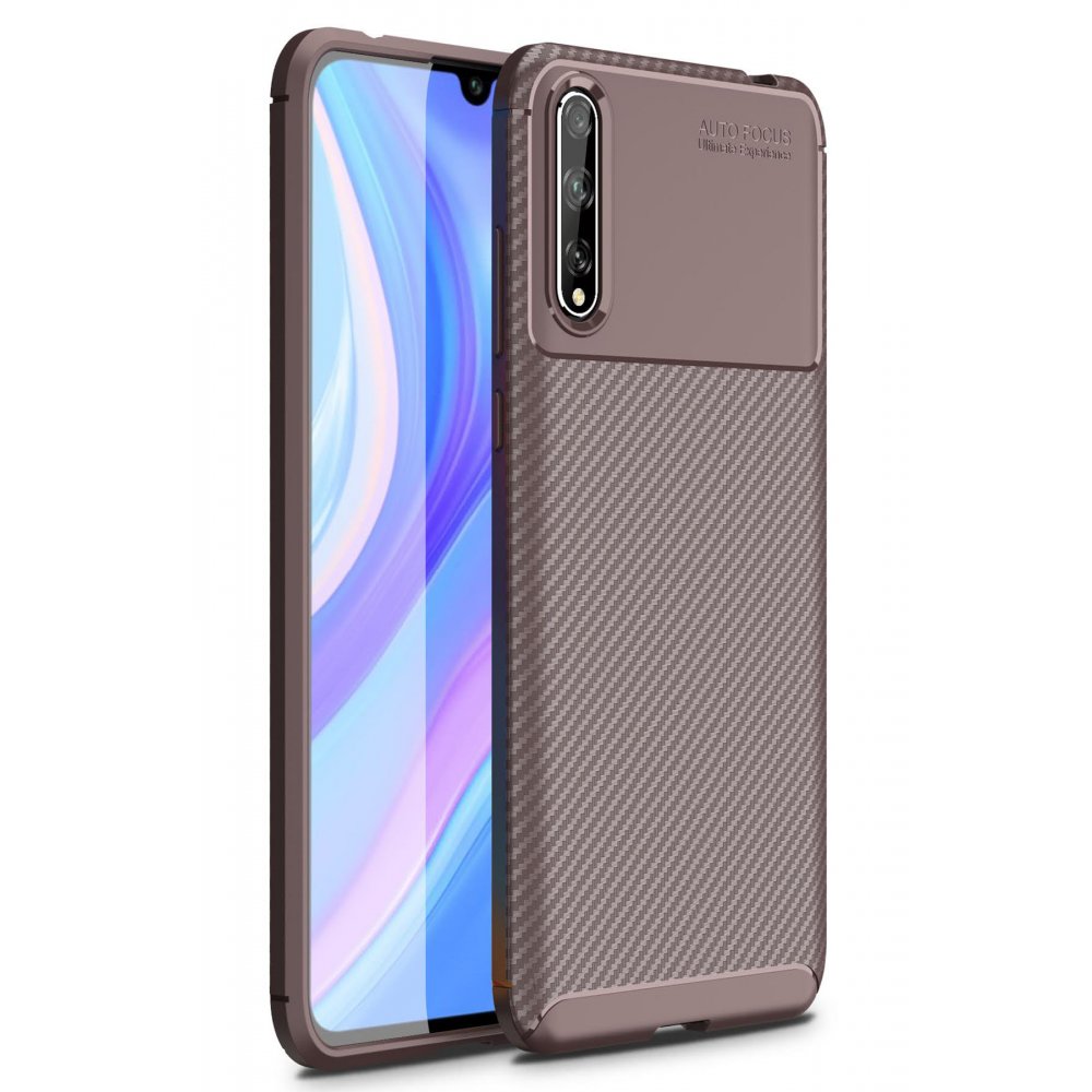 Huawei P Smart S Kılıf Auto Focus Karbon Kapak - Kahverengi Huawei P Smart S Kılıf Auto Focus Karbon Kapak - Kahverengi