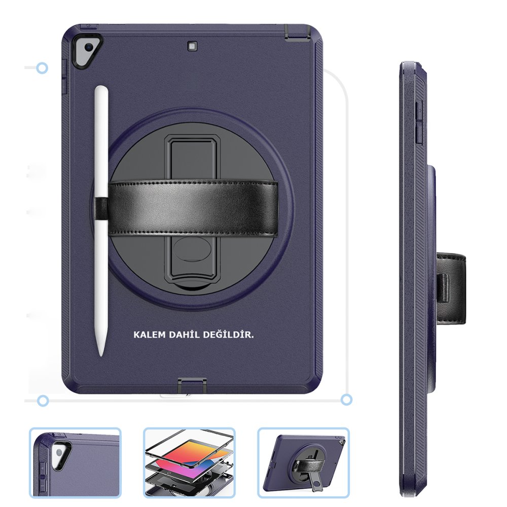  iPad 10.2 (8.nesil) Kılıf Hand Strap Tablet Kılıfı - Lacivert