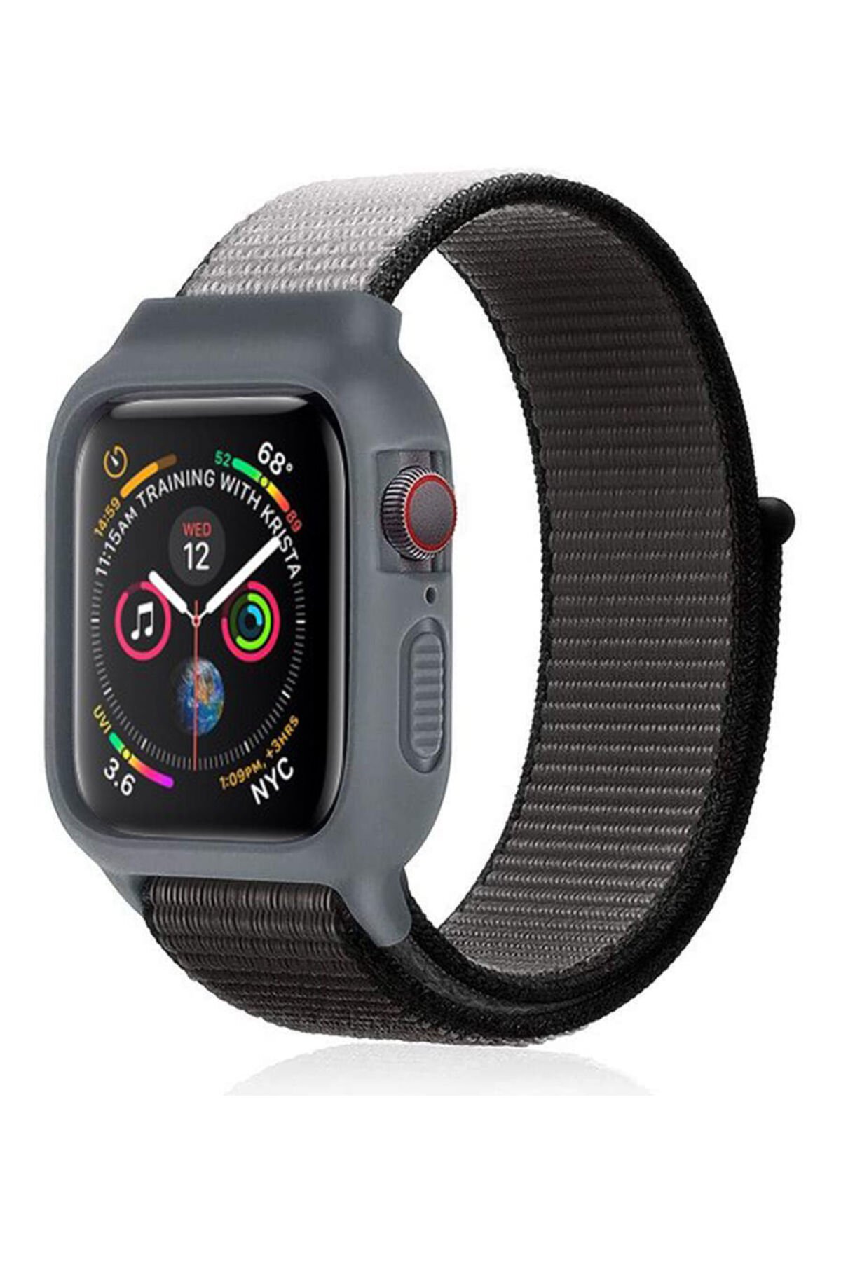 Apple Watch 38mm Hasırlı Cırtcırtlı Kasalı Kordon - Siyah-Gri Apple Watch 38mm Hasırlı Cırtcırtlı Kasalı Kordon - Siyah-Gri