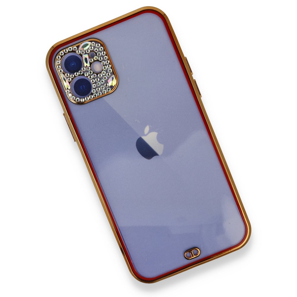  iPhone 12 Kılıf Liva Taşlı Silikon - Kırmızı