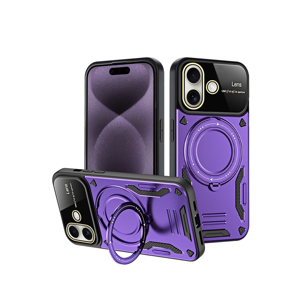 iPhone 16 Kılıf Joy Lens Standlı Kapak - Mor  iPhone 16 Kılıf Joy Lens Standlı Kapak - Mor