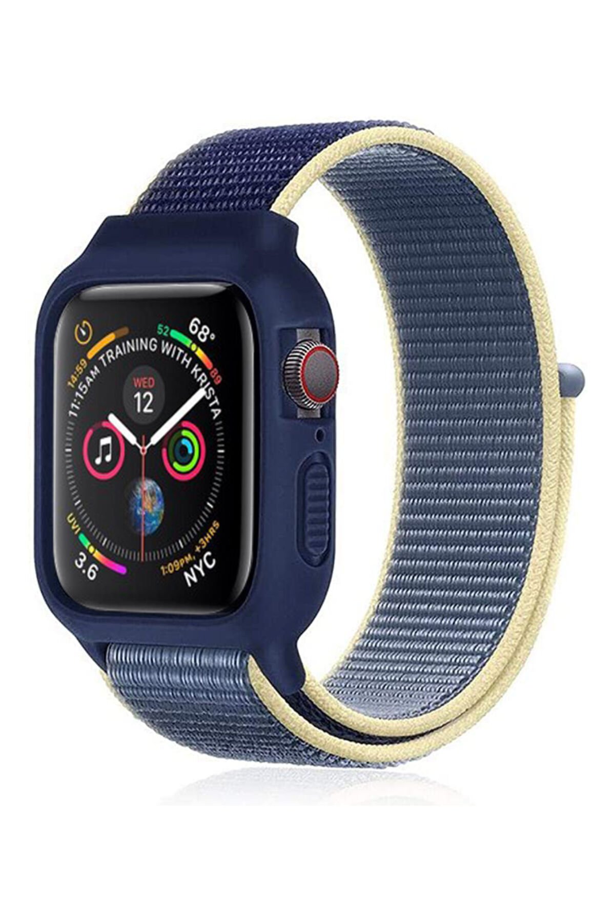  Apple Watch 42mm Hasırlı Cırtcırtlı Kasalı Kordon - Sarı-Lacivert