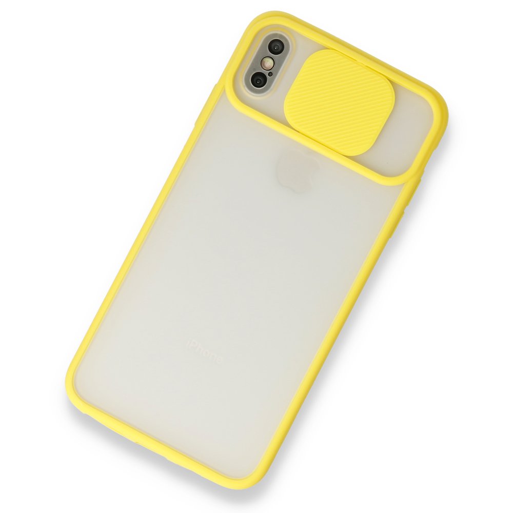 iPhone XS Max Kılıf Palm Buzlu Kamera Sürgülü Silikon - Sarı  iPhone XS Max Kılıf Palm Buzlu Kamera Sürgülü Silikon - Sarı