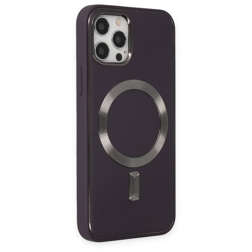  iPhone 12 Pro Max Kılıf Coco Deri Magneticsafe Silikon - Derin Mor