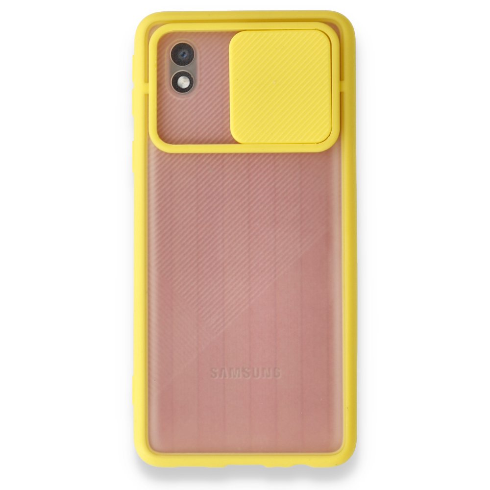 Samsung Galaxy A01 Core Kılıf Palm Buzlu Kamera Sürgülü Silikon - Sarı Samsung Galaxy A01 Core Kılıf Palm Buzlu Kamera Sürgülü Silikon - Sarı