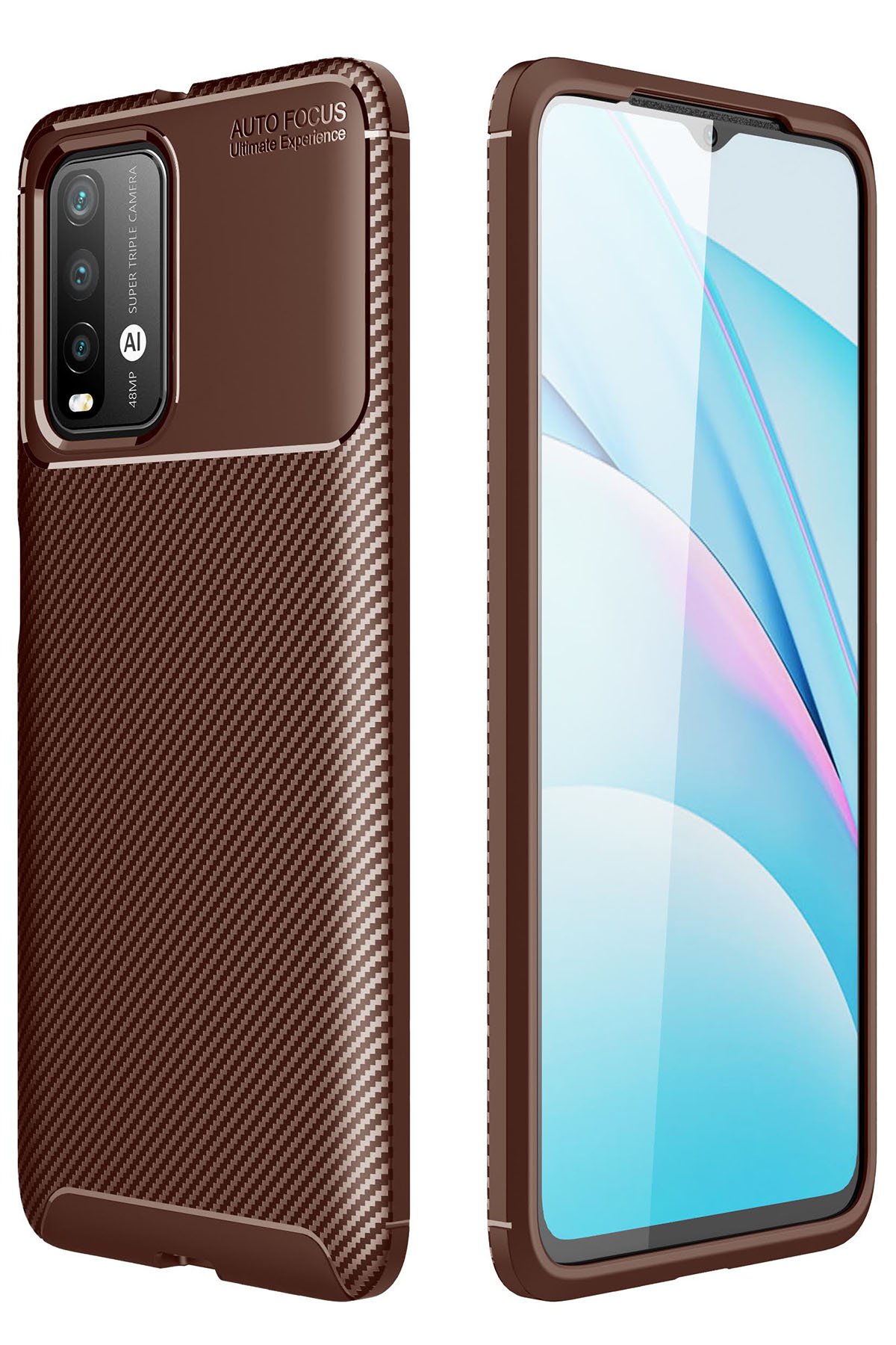 Redmi 9T Kılıf Auto Focus Karbon Kapak - Kahverengi