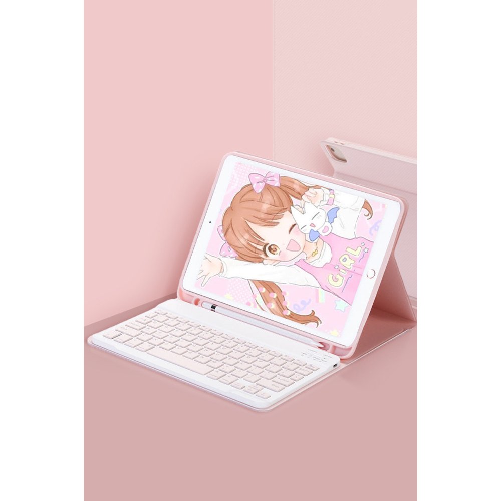  iPad 5 Air 9.7 Kılıf KC01 Smart Klavyeli Tablet Kılıfı - Pembe