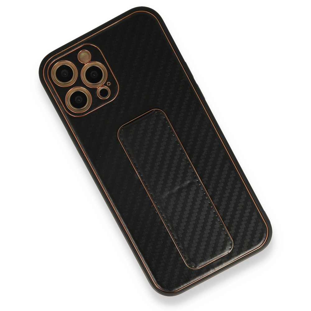  iPhone 12 Pro Max Kılıf Coco Karbon Standlı Kapak - Siyah
