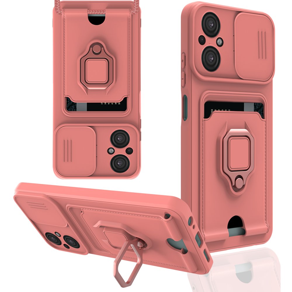  Xiaomi Poco M5 Kılıf Zuma Kartvizitli Yüzüklü Silikon - Pembe