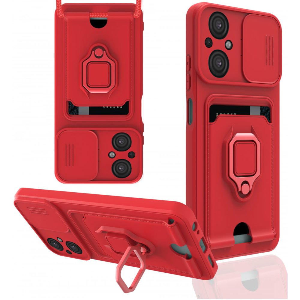  Xiaomi Poco M5 Kılıf Zuma Kartvizitli Yüzüklü Silikon - Kırmızı