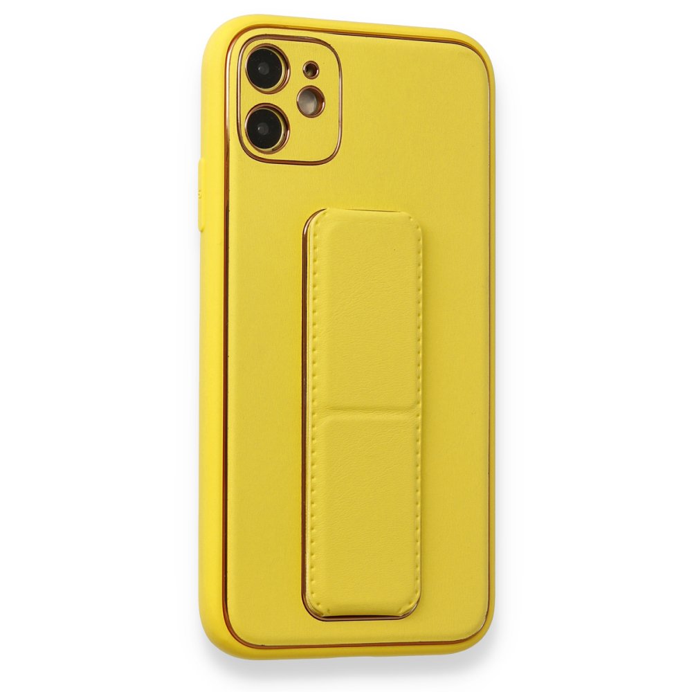 iPhone 12 Kılıf Coco Deri Standlı Kapak - Sarı